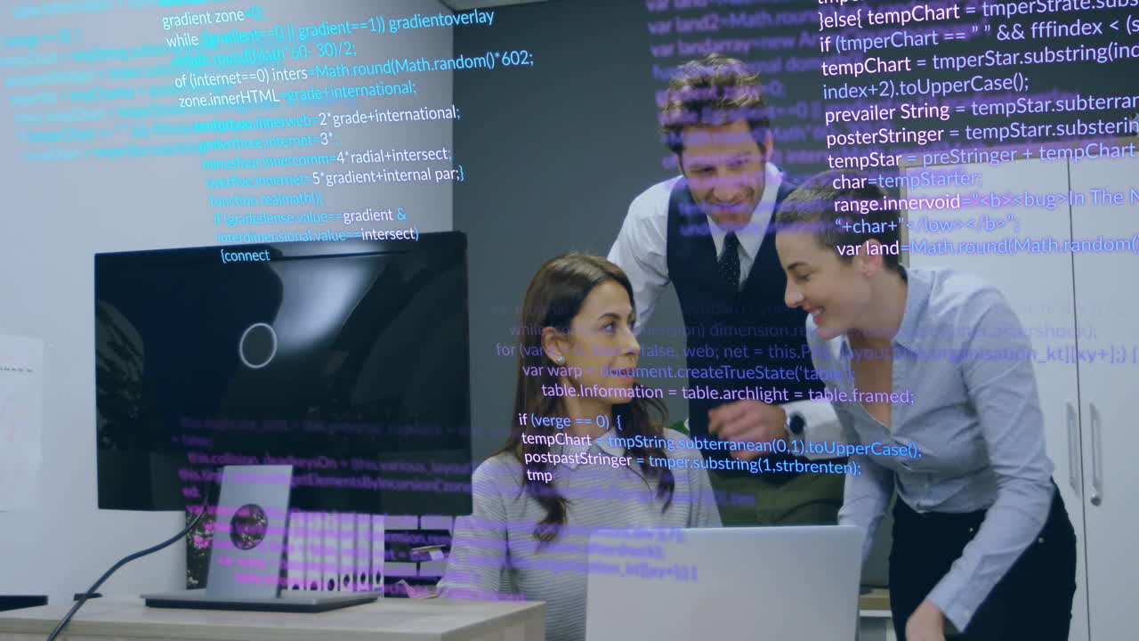 Team collaborating around desk with laptop in tech workspace, with code overlay driving design
