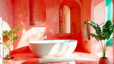 a bathroom with a white bathtub and a plant in a pot