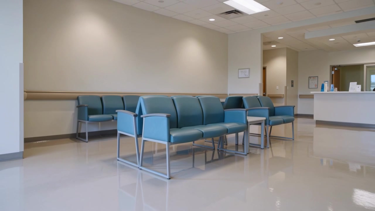 Oddalająca się kamera pokazująca turkusowe winylowe ławki w recepcji kliniki, zapewniająca szerszy widok.