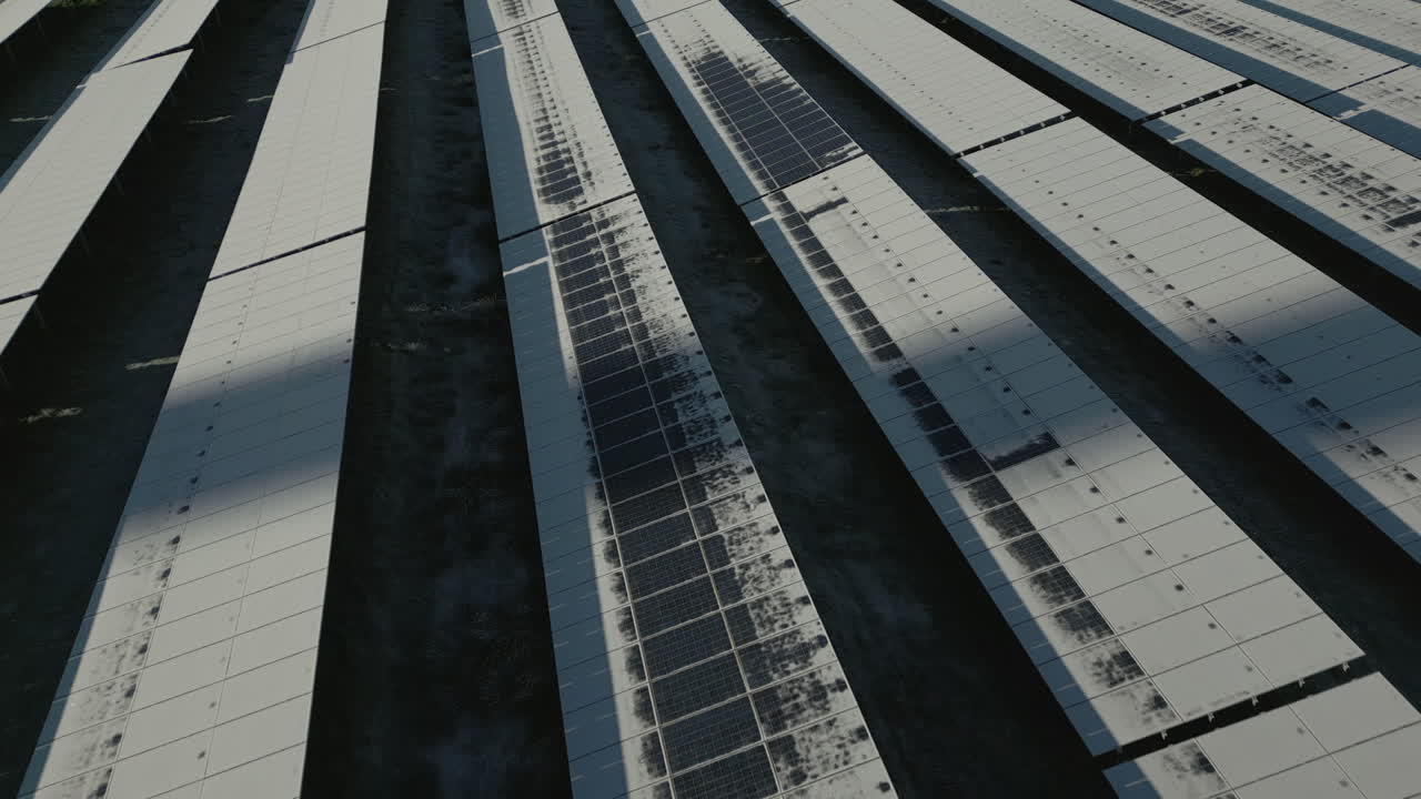 Solar panels of photovoltaic power plant covered in snow and ice, partly defrosted aerial drone shot