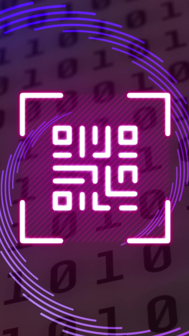 Animation of qr code and spinning purple shapes over binary coding