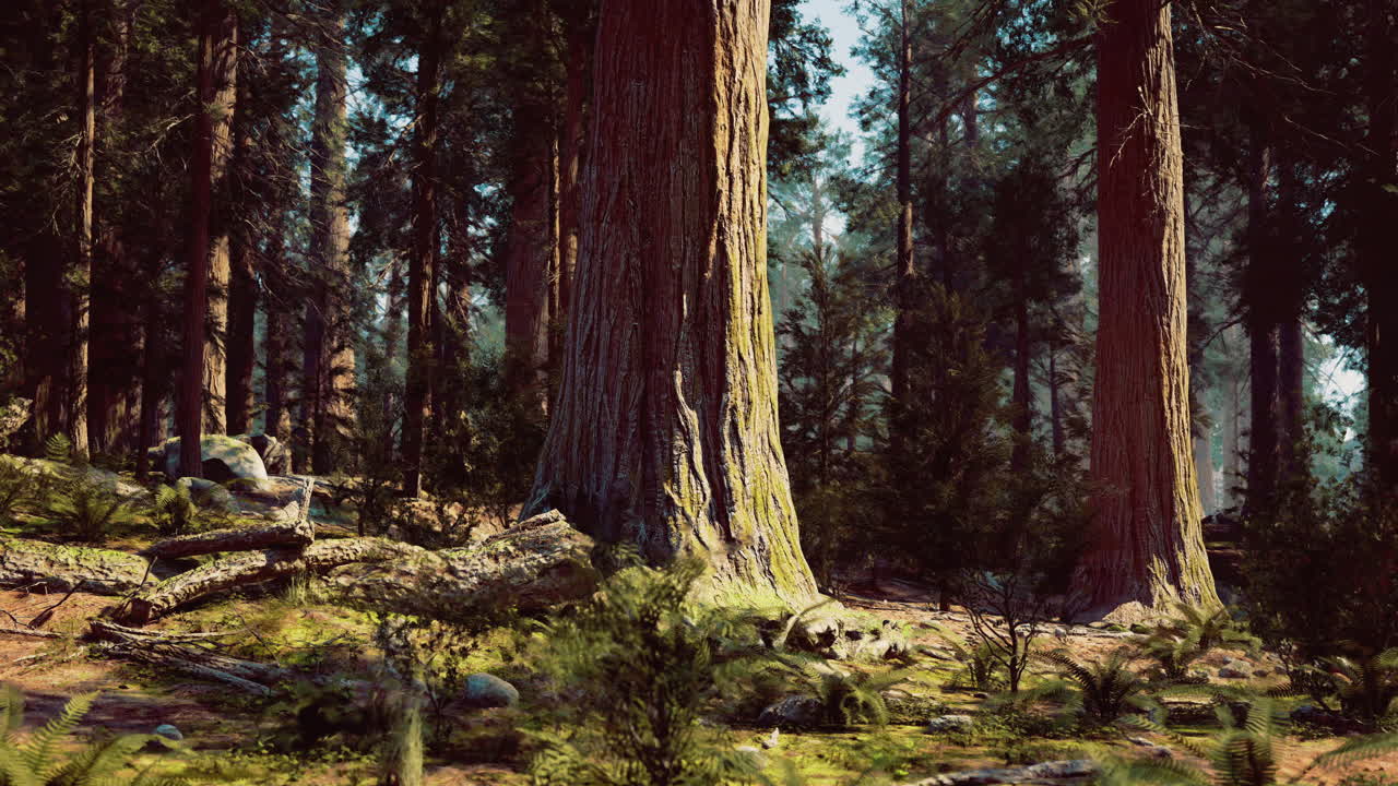 Ancient trees tower majestically in vibrant forest under sunlight