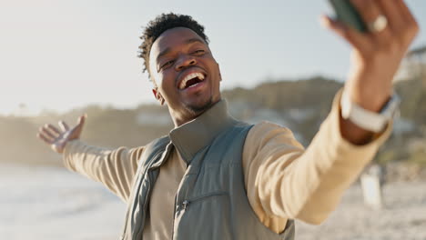 happy, selfie and a black man at the beach