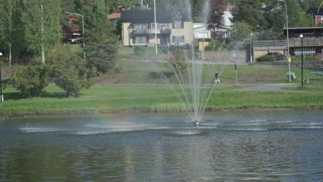 toma estática de una fuente de tamaño mediano en un pequeño lago-estanque