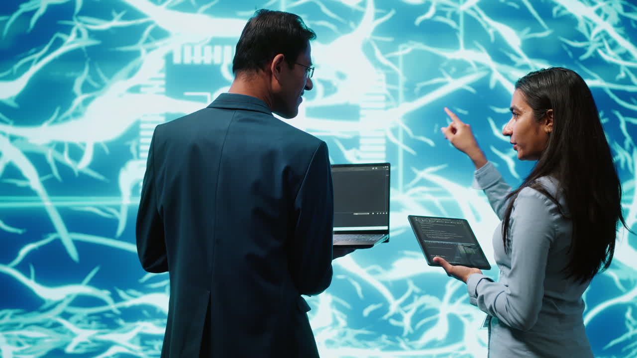 Workers using artificial intelligence deep learning to look at data