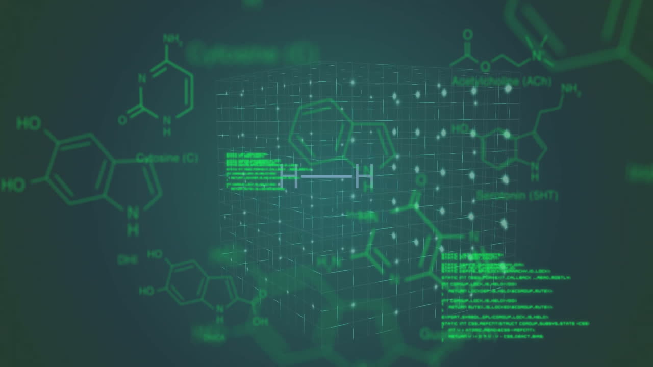 fórmulas químicas y estructuras moleculares animación sobre el fondo de la cuadrícula verde