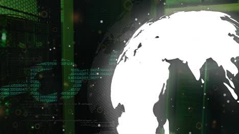 Animation of security chain icon over spinning globe and data processing against server room