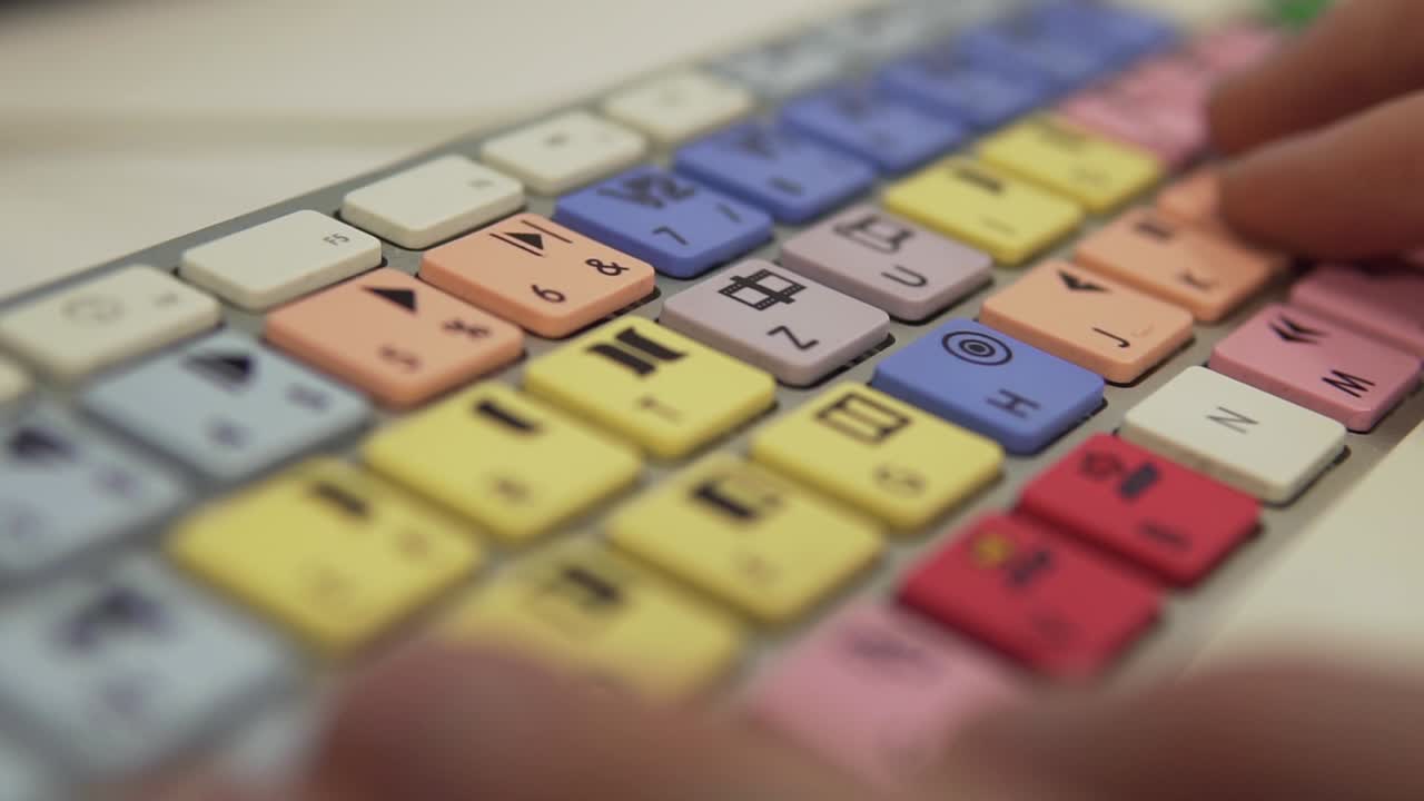 cámara lenta: escribir y codificar en el teclado de edición con botones coloridos