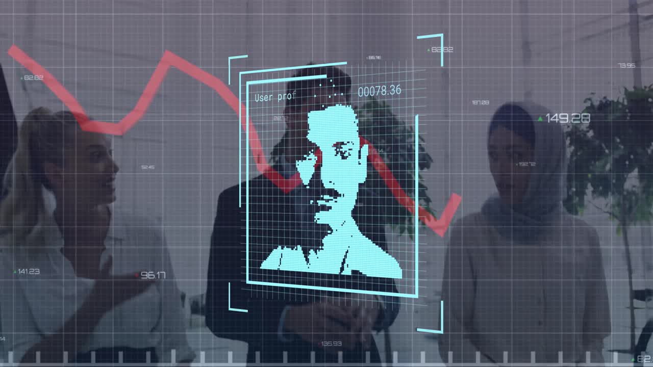 animación del procesamiento de datos financieros sobre personas de negocios que trabajan en la oficina