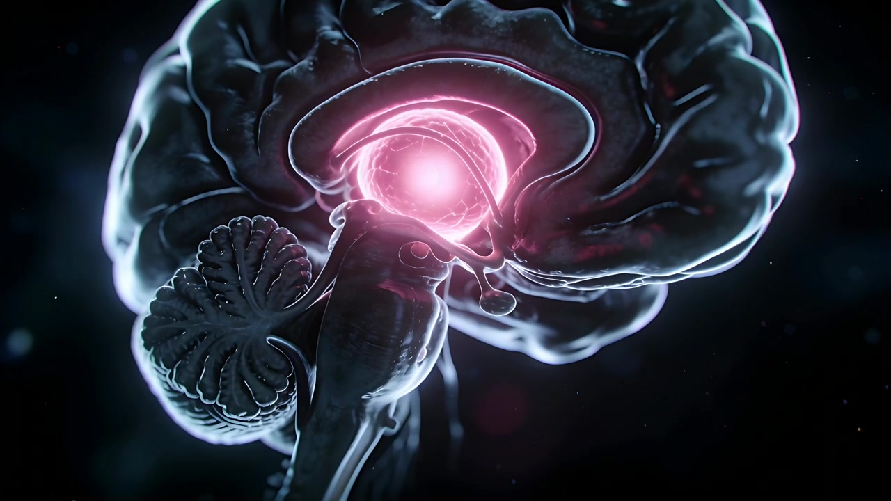 Rotating camera circling sagittal brain in dark, showing pink nucleus, stem, droplets for study
