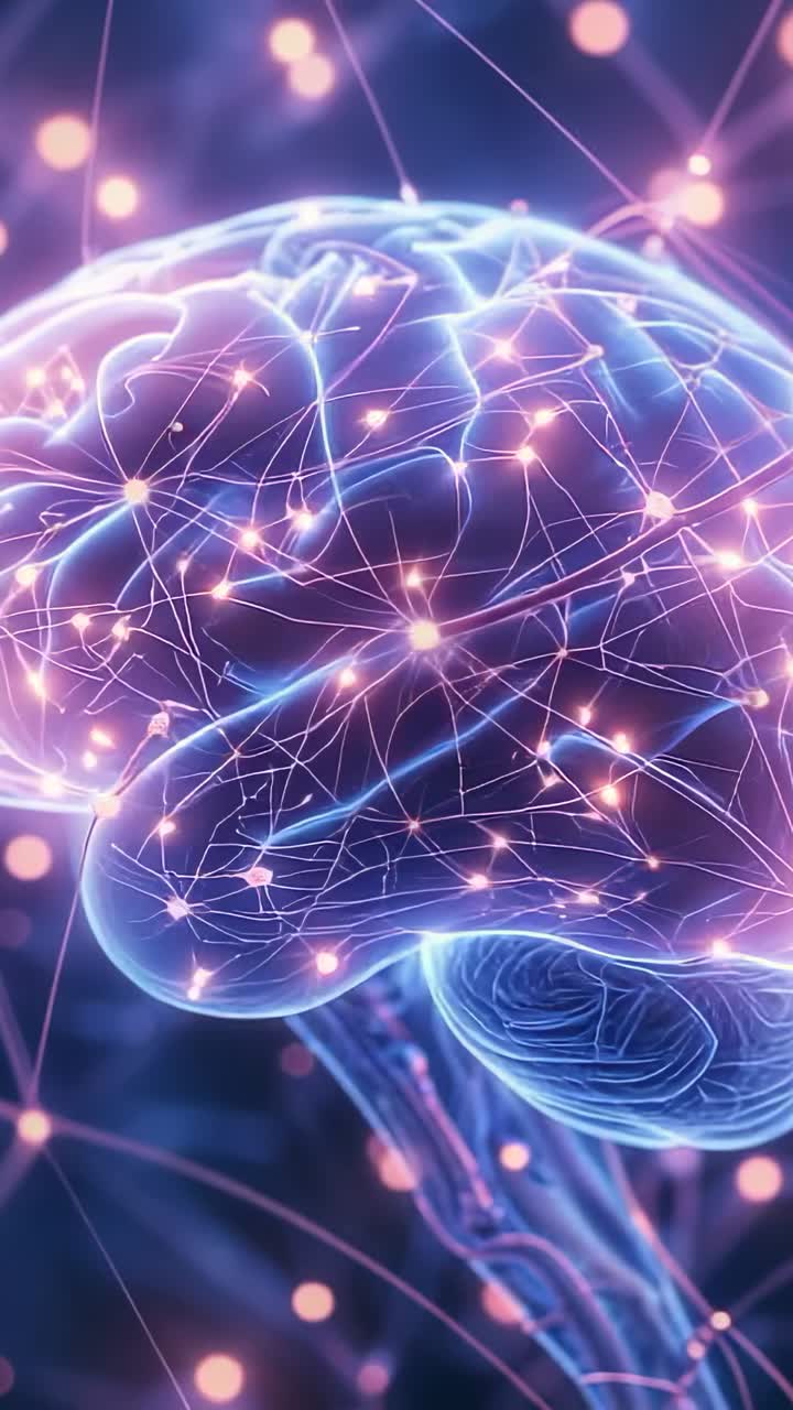 Vertical video: Looping brain model displaying pulsing light racing along neural filaments in void