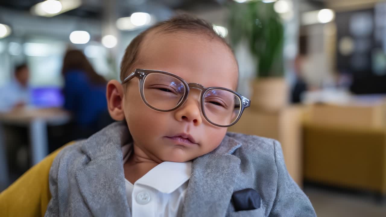 Un bambino elegante con gli occhiali fa un pisolino in un moderno ambiente d'ufficio, circondato da colleghi indaffarati che lavorano a progetti, emanando dolcezza e carisma