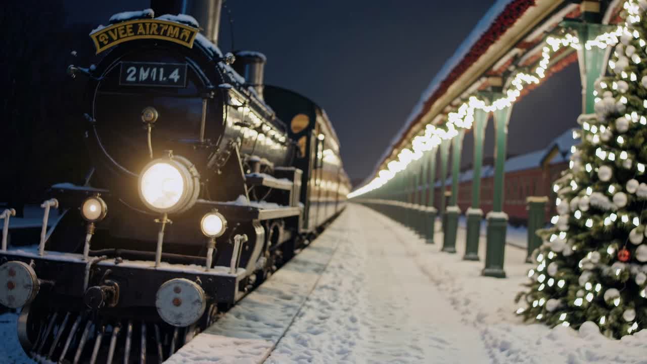 A vintage train at a snowy station, captured at a low angle, with festive lights