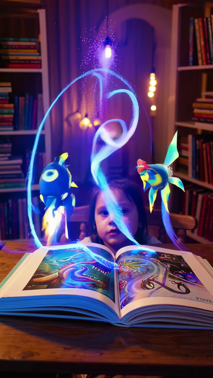 A child's imagination brings storybook characters to life with magical digital effects in a cozy library setting