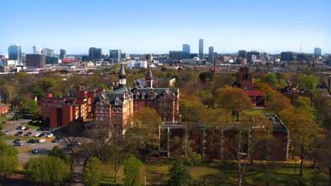 Aerial-tracking-shot-of-Fisk-University-featuring-Jubilee-Hall-in-Nashville-Tennessee