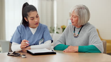 nurse, documents and senior woman consulting