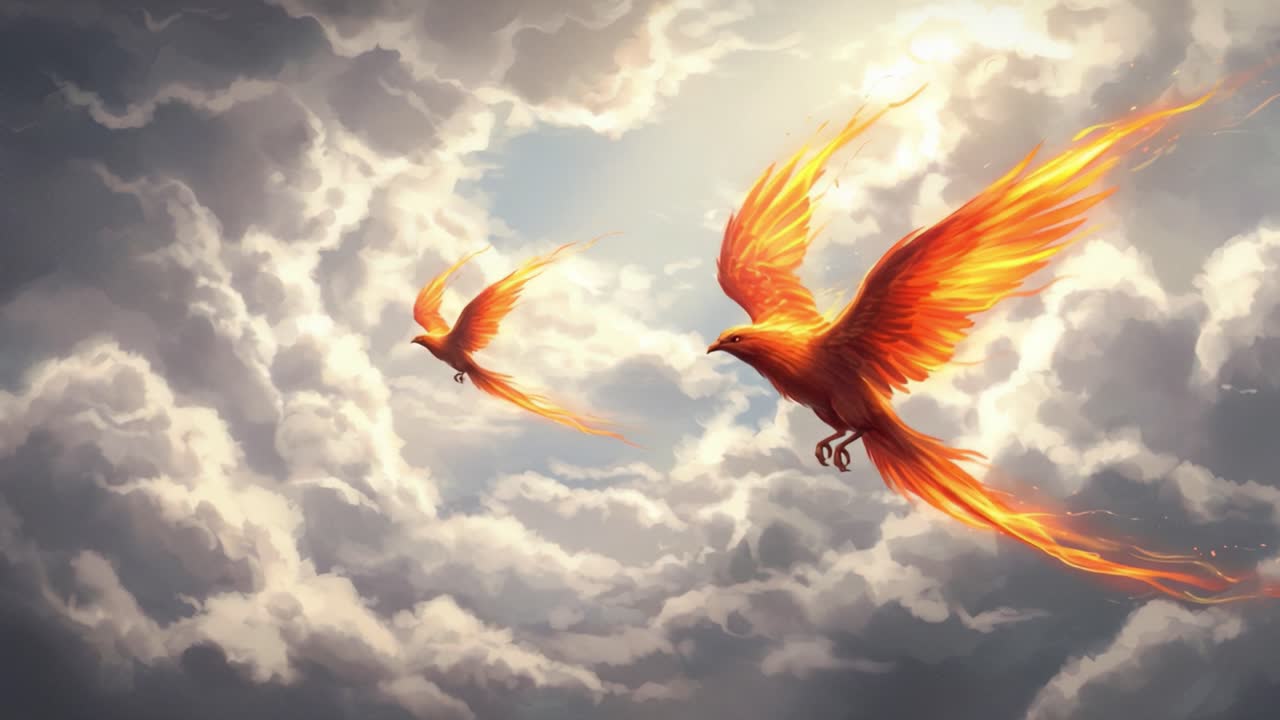 Majestic Firebirds Soar Through Dramatic Cloudy Skies, Emitting Fiery Trails and Symbolizing Freedom, Power, and Beauty in a Stunning Display of Imagination and Artistry
