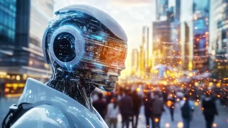 futuristic robot in a digital cityscape