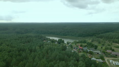 Aerial-fly-over-private-houses-and-cottages-located-on-the-bank-of-Okierskie-lake,-dense-green-leafy-deciduous-forest-in-Kowalskie-Blota-village,-Poland,-forward-motion,-drone-shot