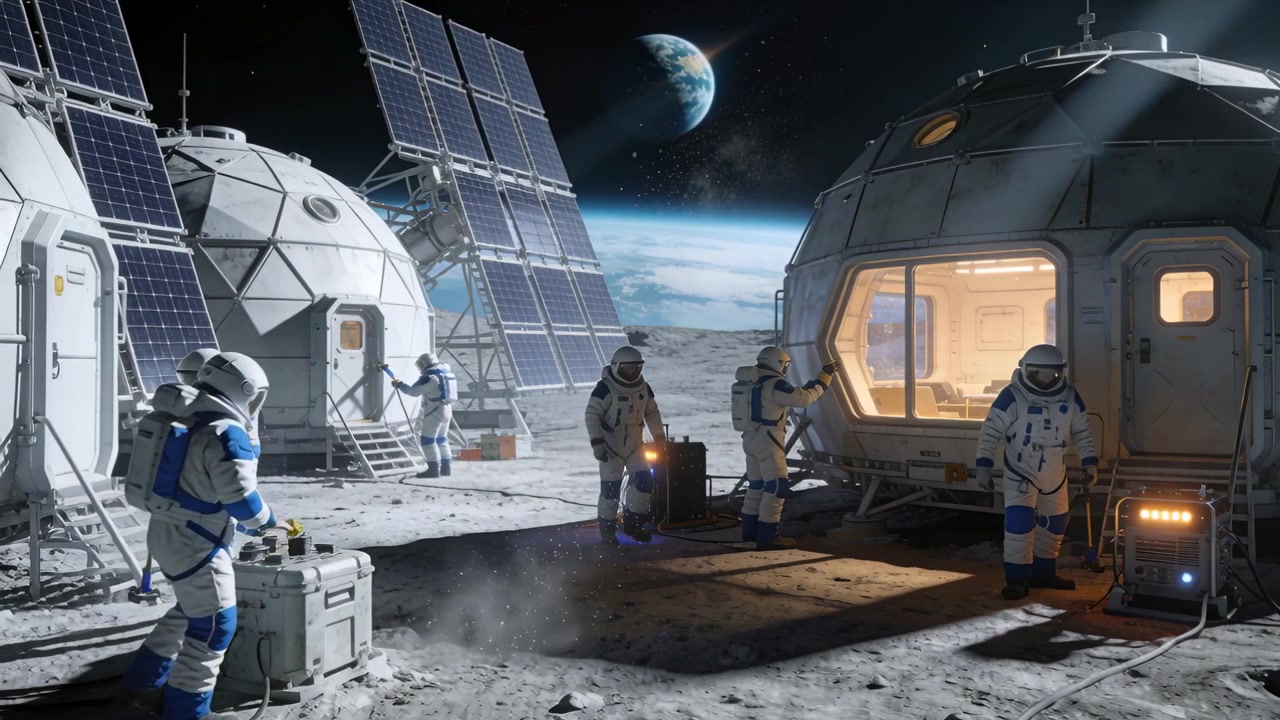 Connecting crew in white space suits linking generator cables to power habitat modules after uplink