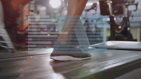 running on treadmill, person processing financial data with animation overlay