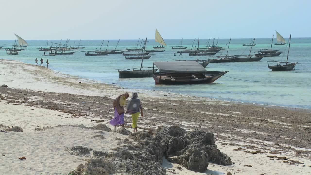 두 명의 이슬람 여성이 도우 범선을 배경으로 잔지바르 해변을 걷고 있다