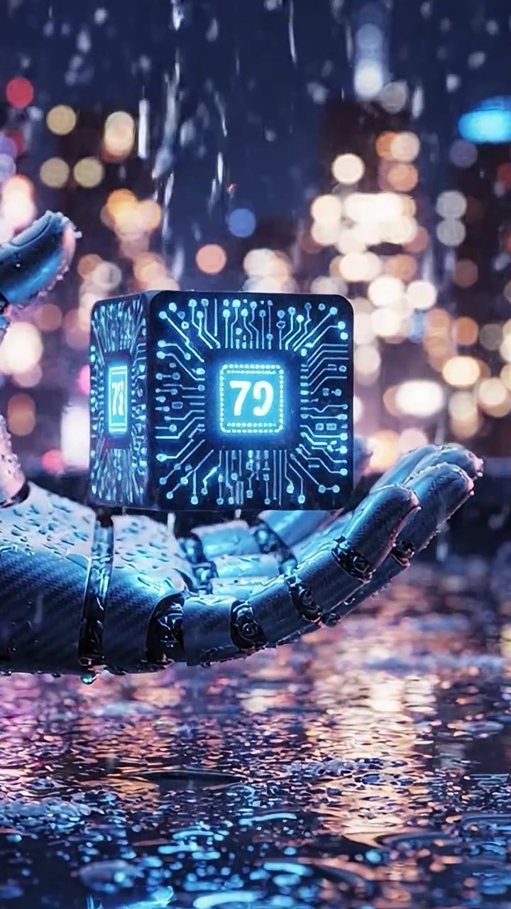 A Futuristic Robot Hand Holding a Glowing Cube with Circuit Patterns Against a Rainy Cityscape, Symbolizing Advanced Technology and Connection