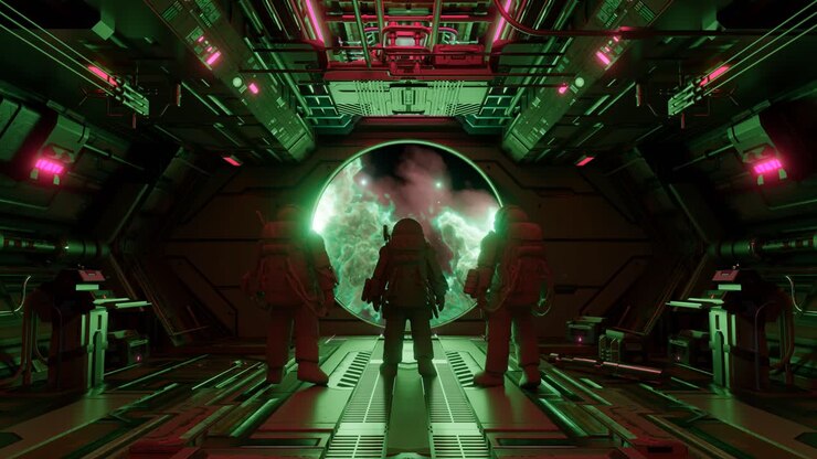 Astronauti che osservano una nebulosa verde da un'astronave