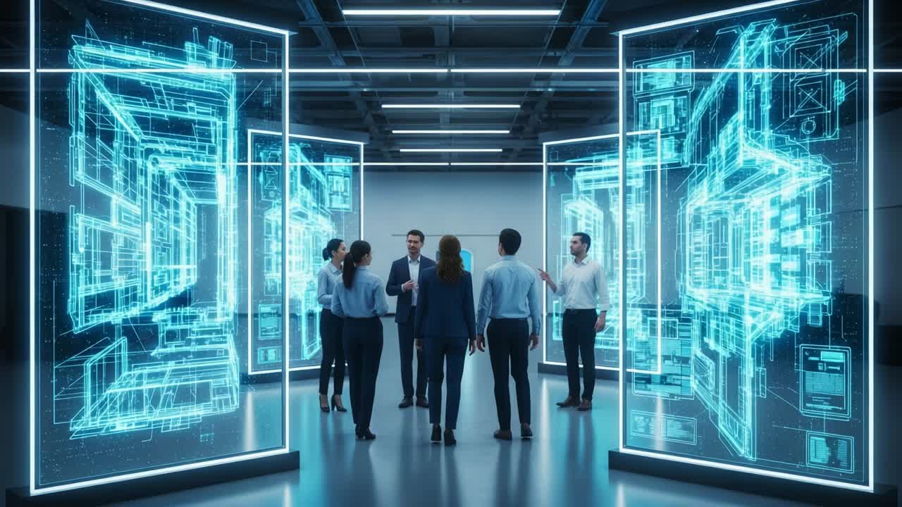 A group of professionals engages in a discussion surrounded by advanced holographic displays showcasing intricate digital blueprints and designs, emphasizing innovation and collaboration in a high-tech environment
