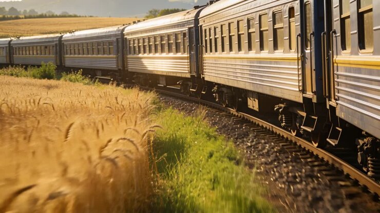 Camera framing rear cars, tracking silver train carrying people curving along tracks through wheat