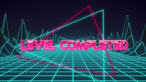 animation of level completed text over a grid with digital terrain