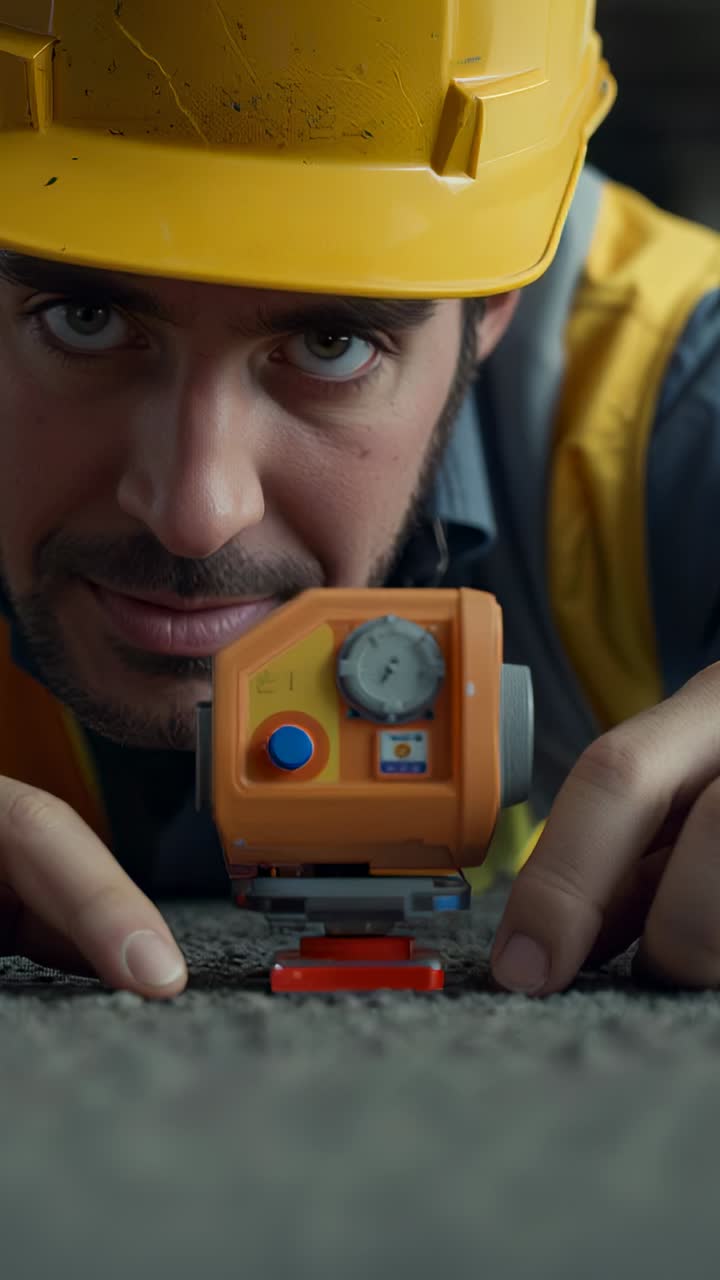 Vertical video: Kneeling worker in hivis hat vest at site placing orange level aligning dial