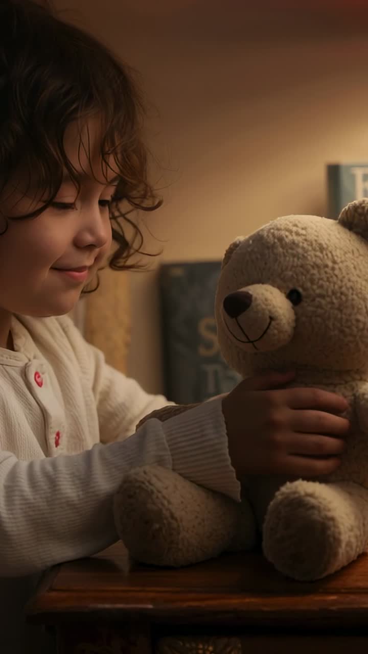 Video verticale: Bambino sorridente si china in avanti tenendo un orsetto di peluche a un tavolino, esaminando il muso dell'orso.