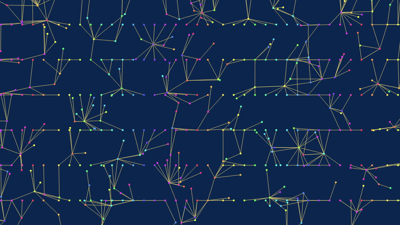Abstract network connections with colorful nodes and lines on dark blue background