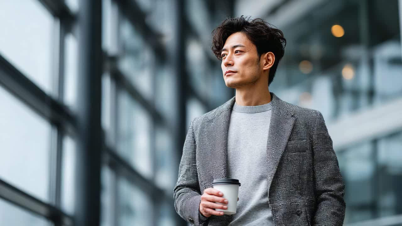 A Thoughtful Moment: A Man in a Stylish Blazer Poses with a Coffee Cup While Gazing Outward in a Modern Architectural Space