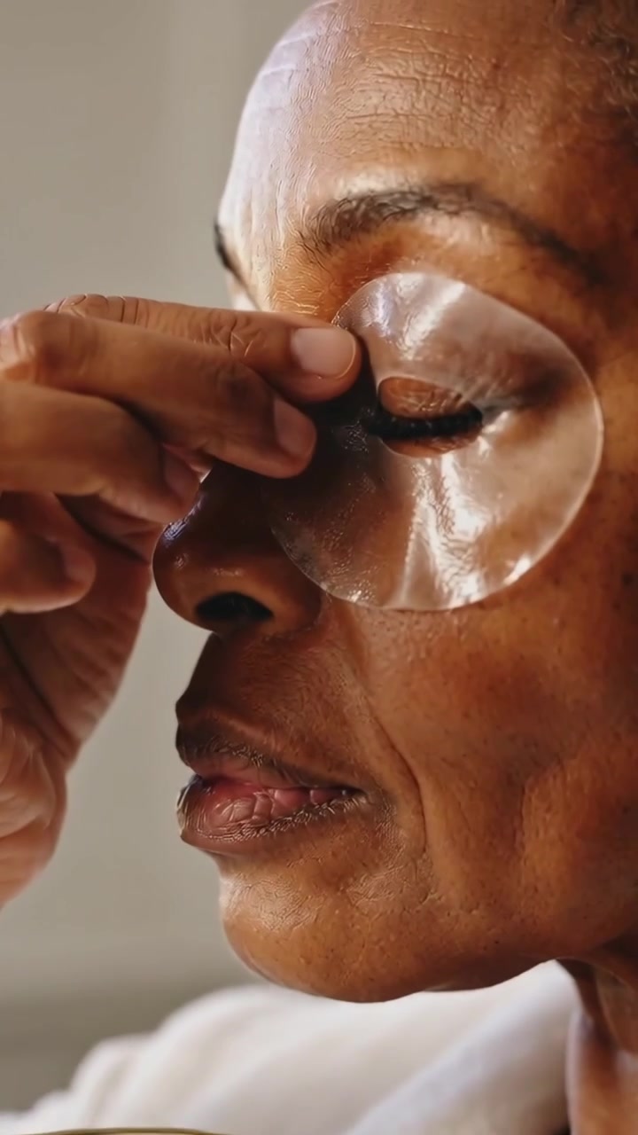 Video verticale: Donna in accappatoio che si protende verso un piatto e applica una maschera occhi in idrogel al lavandino per la cura della pelle.