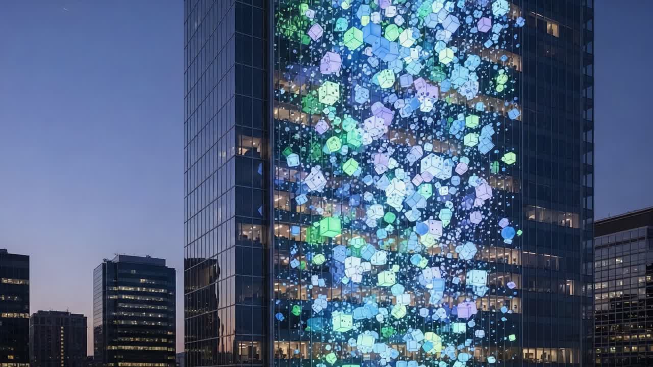 Illuminated Urban Facade: A Stunning Display of Colorful Patterns and Shapes on a Modern Skyscraper Captivates Viewers During the Evening Hours