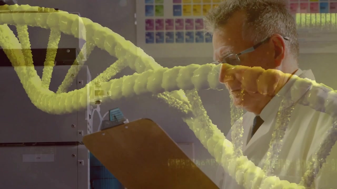 Senior researcher reading chart pressing button initiating DNA analysis, helix flowing across lab