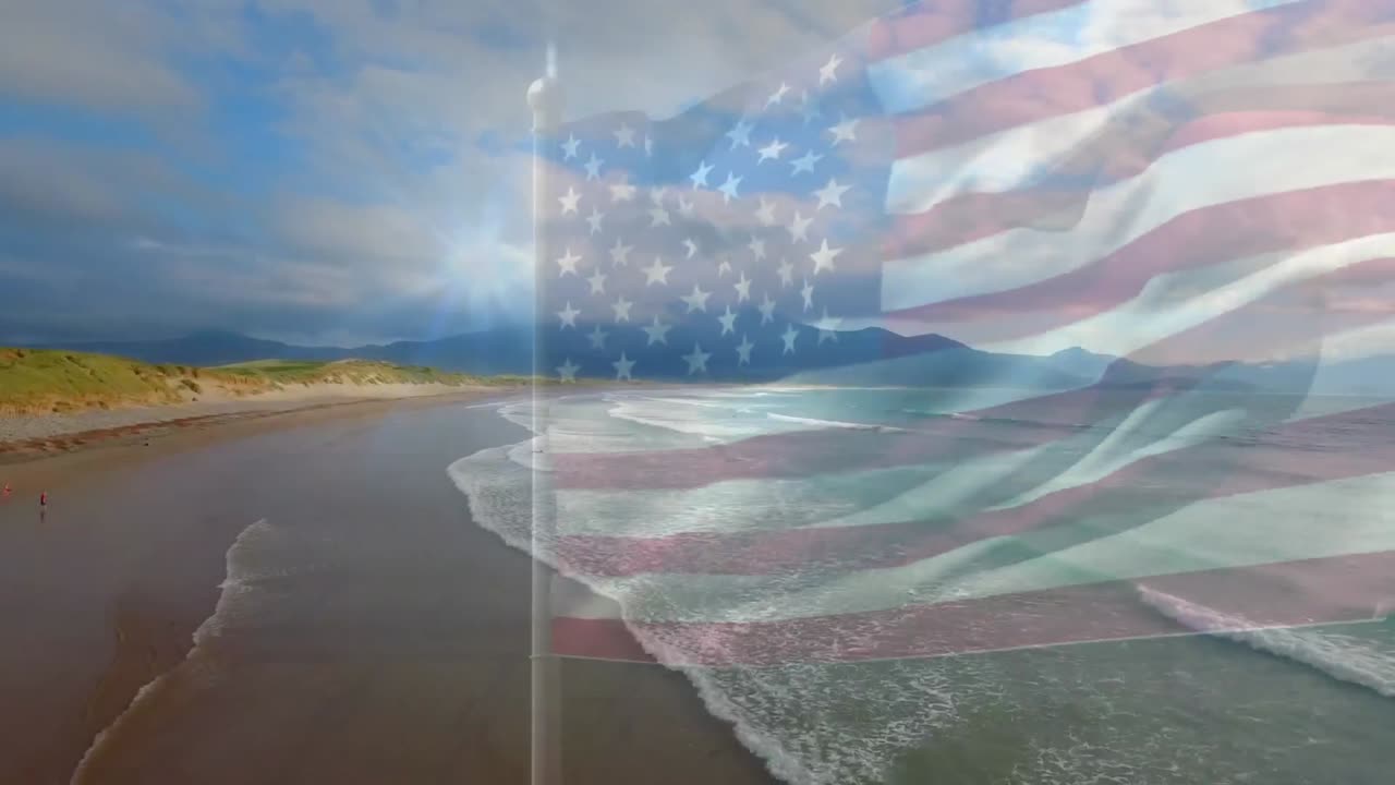 composición digital de agitarnos la bandera contra la vista aérea de la playa y el mar