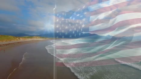 digital composition of waving us flag against aerial view of the beach and the sea