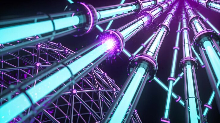 Starting camera panning upward through sci-fi set, revealing glowing cyan tubes and geodesic sphere