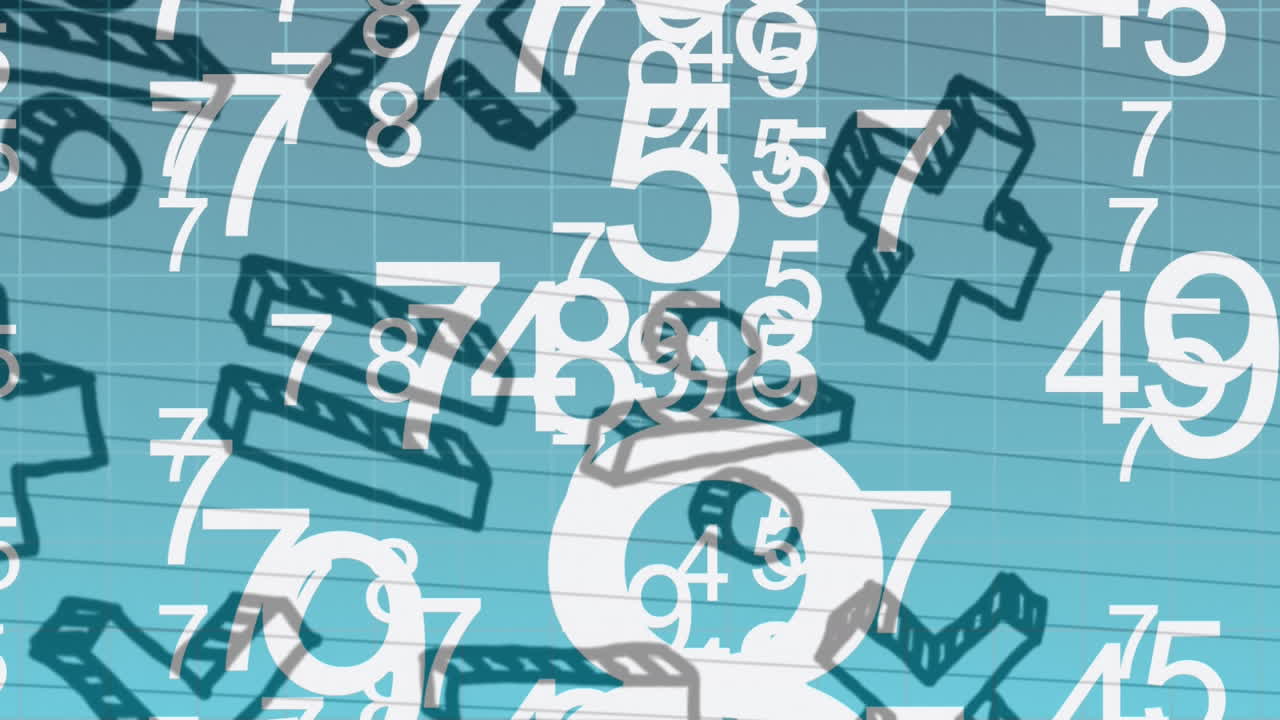 Multiple numbers changing against mathematical symbols on blue background