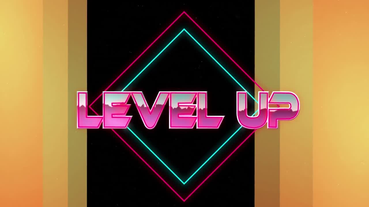 Animazione del testo "Level Up" su scie luminose e sfondo nero.