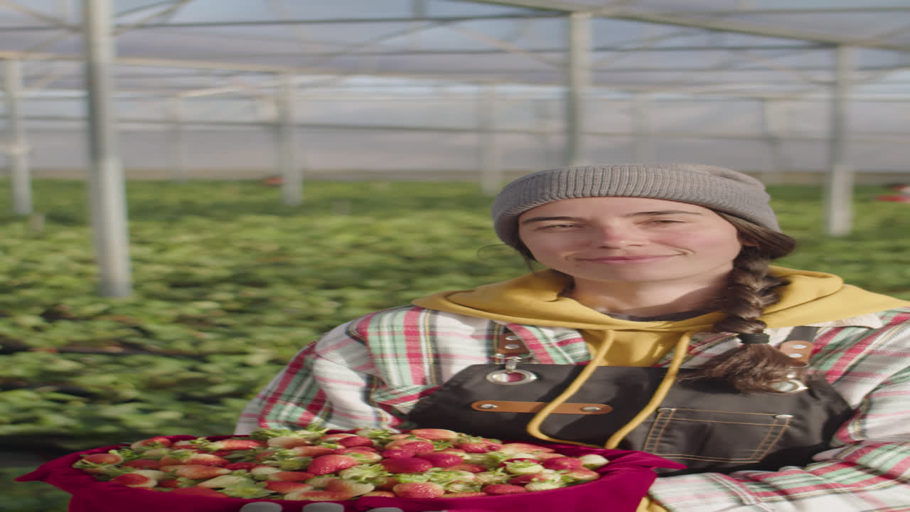 Portrait of Young Female Farmer Posing with Strawberry