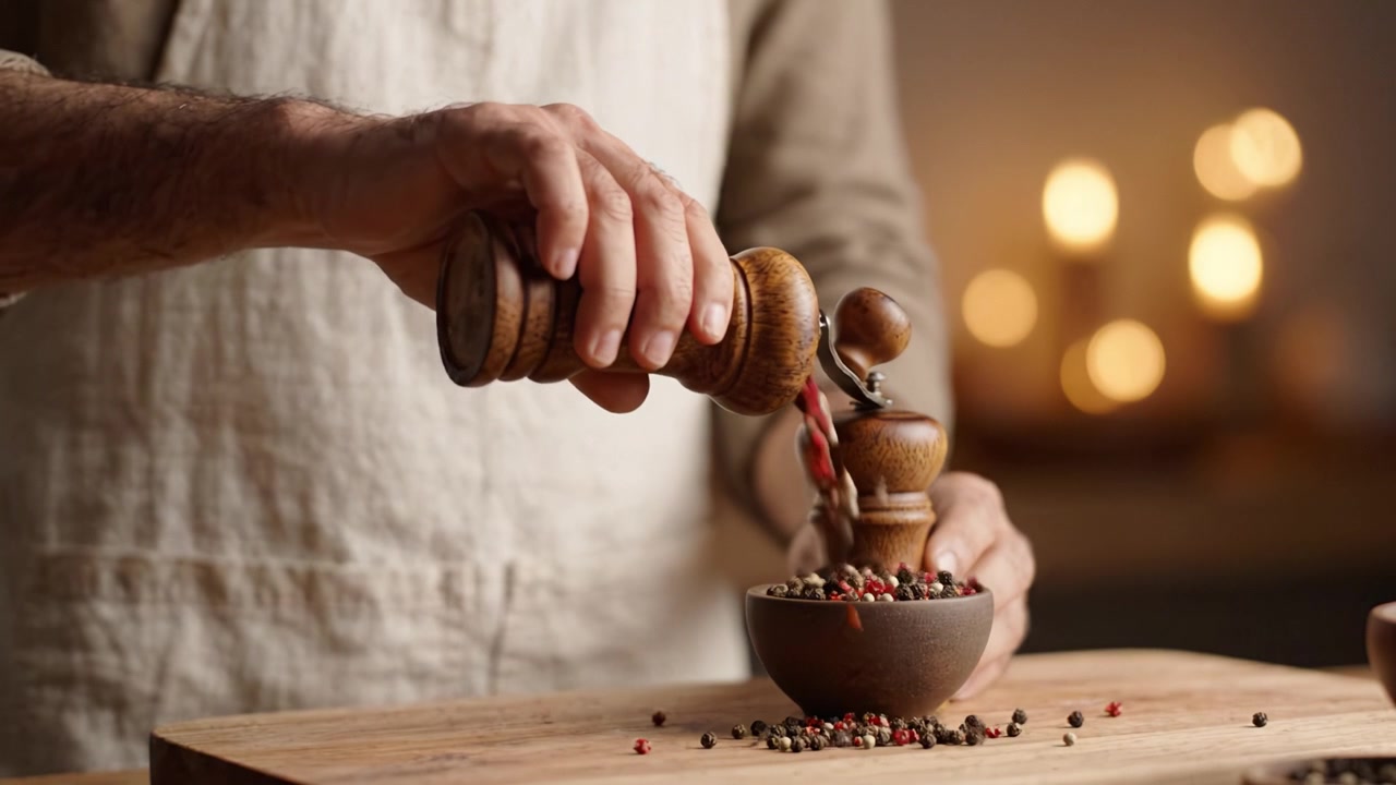 Artigiano che macina spezie con un macinino tradizionale in legno in un'accogliente cucina illuminata da una calda luce ambientale per gli appassionati di cucina