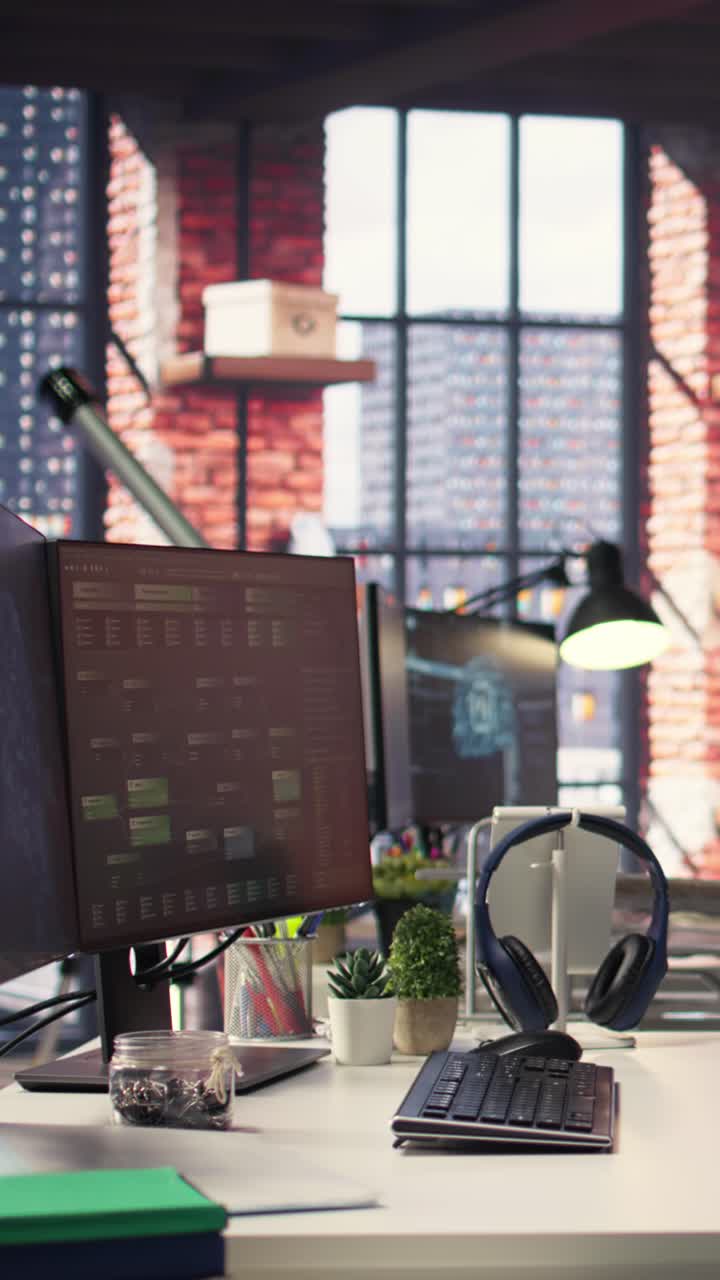 Vertical Video Empty desk for an expert technician with advanced computing visuals