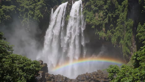 rainbow waterfall in lush jungle