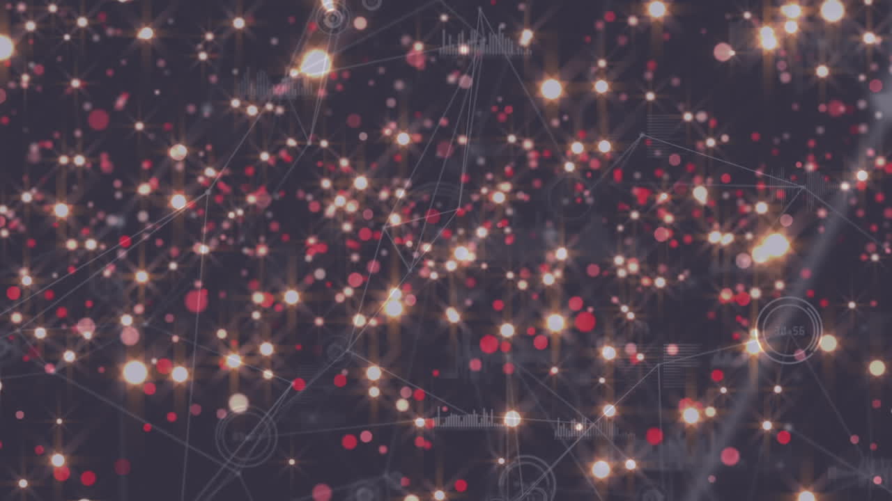 animación de luces navideñas que se elevan sobre la red y procesamiento de datos sobre fondo negro