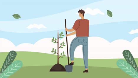 male ecologist planting with shovel animation