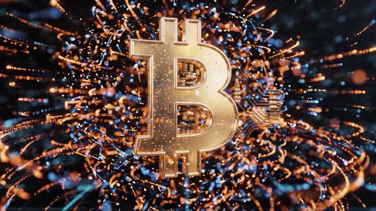 Una spettacolare visualizzazione della valuta digitale: il mondo in evoluzione di Bitcoin in un ambiente digitale dinamico e scintillante all'intersezione tra tecnologia e finanza.